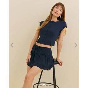 Reformation Skirt Small Tavia Eyelet Trim Mini Navy Blue Ruffle Organic Cotton
